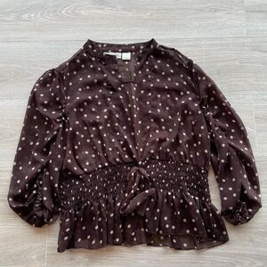 Heirloom Womens XL Chocolate Brown & Cream Polka Dot Blouse Sheer Retro Coquette